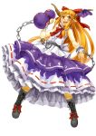  1girl blonde_hair boots chain gourd horn_ribbon horns ibuki_suika long_hair nishiuri open_mouth ribbon solo touhou very_long_hair wrist_cuffs yellow_eyes 