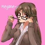  1girl braid brown_eyes brown_hair cardigan chin_rest enki_(dragonfire) freckles french_braid glasses long_hair original pink_background pocky simple_background small_breasts solo 
