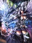  1girl absurdres armor arrow black_eyes black_hair bow_(weapon) breasts chaosringen cleavage feathers gauntlets hair_over_one_eye highres large_breasts lightning long_hair original solo weapon wings 