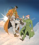  2boys black_hair clouds dog floating highres iggy_(jojo) jojo_no_kimyou_na_bouken mohammed_avdol multiple_boys redhead school_uniform sky sorenante_sunege 