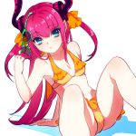  1girl bikini blue_eyes fate/extra_ccc fate_(series) horns kin_mokusei lancer_(fate/extra_ccc) long_hair pink_hair pointy_ears solo sunglasses_removed swimsuit two_side_up 
