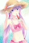  1girl bikini flower hat hat_flower kai_aki long_hair navel popsicle purple_hair sophie_(tales) swimsuit tales_of_(series) tales_of_graces twintails violet_eyes watermelon_bar 