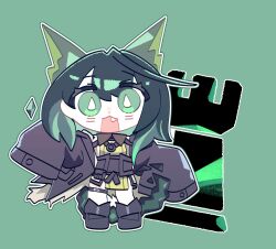  absurdres amedrama animal_ears arknights black_jacket cat_ears cat_girl chess_piece chibi drop-shaped_pupils fang green_background green_eyes green_hair highres jacket long_sleeves looking_at_viewer mon3tr_(arknights) open_mouth outline rook_(chess) simple_background sleeves_past_wrists symbol-shaped_pupils white_outline 