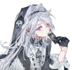  1girl baifeidaiwang black_gloves black_hairband card closed_mouth commission cross cross_necklace ear_piercing frilled_sleeves frills gloves grey_hair hair_between_eyes hair_intakes hair_ornament hairband half_gloves hand_up highres holding holding_card jewelry long_hair long_sleeves looking_at_viewer necklace original piercing playing_card sample_watermark simple_background solo spade_(shape) spade_hair_ornament upper_body violet_eyes watermark white_background 