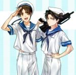  2boys black_hair brown_hair eren_jaeger gun hat kenao levi_(shingeki_no_kyojin) multiple_boys sailor sailor_hat shingeki_no_kyojin weapon 