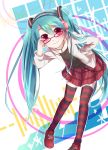  1girl aqua_hair glasses hand_on_hip hatsune_miku headphones jewelry kocchi_muite_baby_(vocaloid) leaning_forward long_hair minya_(flosty35) necklace project_diva red_eyes skirt smile solo striped striped_legwear thighhighs twintails very_long_hair vocaloid 