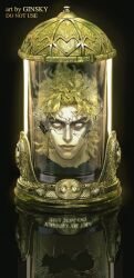  1boy absurdres black_background blonde_hair broken broken_glass closed_mouth commentary commentary_request crack cracked_glass dio_brando english_text fangs ginsky2000 glass gold head_only heart_ornament highres hourglass in_container jojo_no_kimyou_na_bouken looking_at_viewer male_focus no_reflection phantom_blood pink_eyes reflection solo spoilers vampire 