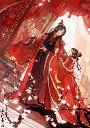  1boy 1girl architecture artem_wing_(tears_of_themis) blue_eyes bonsai bracelet branch bride brown_hair changmingsuo chinese_clothes chinese_commentary chinese_hairpin chinese_wedding closed_mouth coat cup curtained_hair curtains daxiushan double_happiness dutch_angle east_asian_architecture eye_contact flower from_side full_body green_eyes groom hair_bun hair_ribbon hanfu highres holding holding_branch husband_and_wife jade_bracelet jewelry jiaoling_ruqun lantern lattice long_hair long_sleeves looking_at_another looking_to_the_side paper_lantern parted_bangs profile red_coat red_hanfu red_lips red_ribbon red_robe ribbon ribboned_xiao_guan robe rosa_(tears_of_themis) single_hair_bun smile standing table tassel teapot tears_of_themis topknot wedding white_flower wide_sleeves xiao_guan_(headdress) xuedaixun 