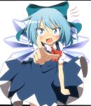  1girl angry blue_dress blue_eyes blue_hair blush bow cirno do_(4-rt) dress fang hair_bow highres ice ice_wings open_mouth pointing pointing_at_viewer puffy_sleeves shirt short_sleeves solo tears touhou wings 