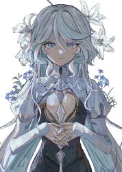  1girl ahoge blue_eyes blue_flower blue_nails closed_mouth expressionless flower forget-me-not_(flower) furina_(genshin_impact) genshin_impact grey_eyes heterochromia highres koumimi lily_(flower) long_hair long_sleeves looking_at_viewer nail_polish puffy_sleeves simple_background solo white_background white_flower white_hair 