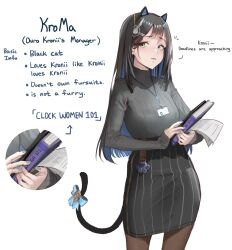  1girl animal_ears belt black_hair blue_eyes blue_hair book bow breasts cat_ears cat_paw cat_tail clock_hair_ornament colored_inner_animal_ears colored_inner_hair english_text fake_animal_ears heterochromia highres holding holding_book holding_paper hololive kroma_(ouro_kronii) long_hair looking_at_viewer multicolored_hair name_tag pantyhose paper reference_sheet simple_background skirt small_breasts solo sweatdrop sweater tail tail_bow tail_ornament tanukidraws white_background yellow_eyes 
