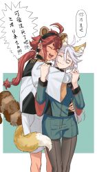  2girls absurdres ahoge animal_ears arm_around_shoulder arm_around_waist asticassia_school_uniform black_hairband blush chinese_commentary commentary_request dark-skinned_female dark_skin fox_ears fox_tail front-seamed_legwear furrowed_brow green_jacket green_shorts grey_hair gundam gundam_suisei_no_majo hair_between_eyes hairband hands_on_another's_arms height_difference highres hug jacket jewelry joker_(jjjokerrr233) kemonomimi_mode long_hair long_sleeves low_ponytail miorine_rembran multiple_girls open_mouth pantyhose ponytail raccoon_ears raccoon_tail red_hair ring school_uniform seamed_legwear shorts shoulder_boards simple_background smile suletta_mercury tail thick_eyebrows wedding_ring wife_and_wife yuri 