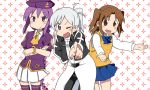  3girls arawi_keiichi_(style) bangle beret blue_eyes blush bracelet braid brown_eyes brown_hair clasp collared_shirt grey_hair hair_up hat insignia jewelry long_hair melty_blood multiple_girls necktie nichijou pants patterned_background pleated_skirt pointing ponytail purple_hair purple_legwear ribbon riesbyfe_stridberg school_uniform short_hair simple_background sion_eltnam_atlasia six_(fnrptal1010) skirt smile sweater_vest thighhighs tsukihime uniform vest violet_eyes yumizuka_satsuki zettai_ryouiki 