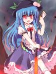  1girl blue_hair dress food fruit hat hinanawi_tenshi long_hair open_mouth peach red_eyes ry skirt smile solo spell_card sword sword_of_hisou touhou weapon 