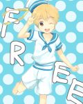  1boy barefoot blonde_hair brown_eyes copyright_name free! hat hat_ribbon hazuki_nagisa male ribbon sailor sailor_hat short_hair shorts smile v wink yuki_(vicious) 