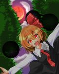  1girl blonde_hair clouds fang forest full_moon hair_ribbon highres long_sleeves moon nature necktie night open_mouth outdoors outstretched_arms purple_sky red_eyes red_moon ribbon rumia short_hair skirt skirt_set slit_pupils solo sphere spread_arms takupopn_player touhou 