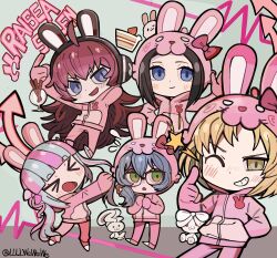  5girls absurdres animal_ear_headphones animal_ear_hood animal_ears asahi_rokka bang_dream! blonde_hair blue_eyes blue_hair blunt_bangs blush bow brown_hair chibi commentary_request fake_animal_ears glasses green_eyes group_name headphones highres hood hood_up jacket llllwewewe multicolored_hair multiple_girls nyubara_reona pants pink_hair pink_jacket pink_pants rabbit_ear_headphones rabbit_ears raise_a_suilen red_hair sato_masuki tamade_chiyu twitter_username two-tone_hair wakana_rei yellow_eyes 