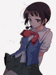  1girl absurdres black_eyes black_hair black_skirt closed_mouth gakkou_wo_deyou highres hoshina_sanae neckerchief red_neckerchief sailor_collar school_uniform serafuku shirt short_sleeves simple_background skirt smile solo standing summer_uniform taiki_(6240taiki) thighs white_background white_sailor_collar white_shirt 