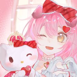 1girl ;d animal_ears arknights bow chinese_commentary commentary_request crown frilled_bow frills gloves goldenglow_(arknights) goldenglow_(party_in_the_garden)_(arknights) grey_gloves hair_bow hair_ornament heart heart_hair_ornament heart_hands hello_kitty hello_kitty_(character) highres long_hair looking_at_viewer official_alternate_costume one_eye_closed open_mouth own_hands_together pink_hair plaid_bow red_bow sanrio smile solo star_(symbol) tang_cu_caihong upper_body yellow_eyes 