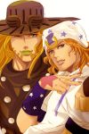  2boys blonde_hair blue_eyes brown_hair gyro_zeppeli hat johnny_joestar jojo_no_kimyou_na_bouken lipstick long_hair makeup multiple_boys steel_ball_run uchihakagura 