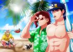  beach black_hair dog iggy_(jojo) isamu jean_pierre_polnareff jojo_no_kimyou_na_bouken joseph_joestar kakyouin_noriaki kuujou_joutarou mohammed_avdol redhead sand sunglasses 