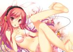  1girl 47agdragon barefoot bikini breasts cleavage digital_media_player floral_background hand_on_own_chest headphones ipod legs_up long_hair looking_at_viewer lying navel original red_eyes redhead sarong smile solo swimsuit white_bikini white_swimsuit 