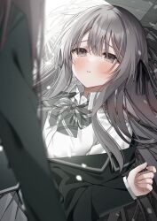  2girls absurdres black_jacket blush bow bowtie brown_hair collared_shirt commentary_request falling_petals grey_bow grey_bowtie grey_eyes grey_hair highres jacket kuro_namako multiple_girls on_ground original parted_lips petals pinned school_uniform shirt tears white_shirt yuri 