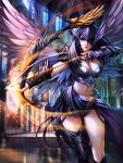  1girl absurdres armor arrow black_eyes black_hair bow_(weapon) breasts chaosringen cleavage gauntlets hair_over_one_eye highres large_breasts long_hair original solo weapon wings 