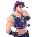  1boy bola_(weapon) fingerless_gloves gloves green_eyes hakkyotyui heart jojo_no_kimyou_na_bouken joseph_joestar_(young) midriff purple_hair solo 