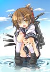  1girl brown_hair cannon clouds dodome-iro_mayonnaise hair_between_eyes hair_ornament hair_up hairclip hand_on_knee inazuma_(kantai_collection) kantai_collection long_hair looking_at_viewer open_mouth outstretched_hand panties payot personification rough school_uniform serafuku skirt socks solo squatting standing_on_water underwear upskirt yellow_eyes 