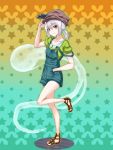  1girl alternate_hairstyle blue_eyes contemporary hat highres konpaku_youmu konpaku_youmu_(ghost) lip-mil overalls ponytail ribbon sandals short_hair solo star touhou white_hair 