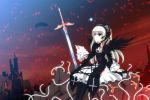  1girl dress embers feathers hairband highres long_hair looking_up red_eyes rozen_maiden silver_hair sitting solo suigintou sword uiu weapon wings 