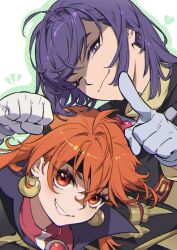  1boy 1girl arm_up black_cape black_headband cape earrings gem gloves grey_gloves grin headband high_collar jewelry lina_inverse long_hair notice_lines one_eye_closed orange_hair pink_lips purple_hair red_eyes red_gemstone red_shirt shirt short_hair slayers smile teeth violet_eyes white_gloves xelloss yellow_shirt yufy 