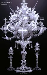  1boy 3others absurdres bell bone buzz_cut c-moon_(stand) candle candlestand cassock chalice commentary cross cup dark-skinned_male dark_skin english_commentary english_text enrico_pucci feathers ginsky2000 high_collar highres horse_head jewelry jojo_no_kimyou_na_bouken long_sleeves made_in_heaven_(stand) male_focus mask monochrome multiple_others polearm priest robe short_hair snake solo spoilers stand_(jojo) statue stone_ocean very_short_hair weapon weighing_scale whitesnake_(stand) 