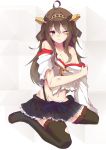  1girl absurdres ahoge braided_hair breasts brown_eyes brown_hair cleavage hairband highres holding_arm injury japanese_clothes kantai_collection kongou_(kantai_collection) long_hair messy_hair navel off_shoulder panties sitting solo tears thighhighs torn_clothes underwear wariza wink yuui_hutabakirage 