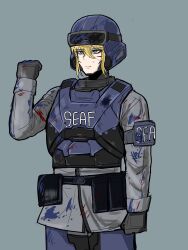  absurdres armor before_and_after blonde_hair blood blood_on_clothes blood_on_face blue_armor blue_eyes chickenartist highres salute seaf_soldier_(helldivers) super_earth_salute_(helldivers) 