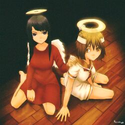  2girls angel angel_wings artist_name barefoot black_hair breasts brown_eyes brown_hair dark_background dim_lighting haibane_renmei halo_behind_head messy_hair multiple_girls neckerchief neuwair rakka_(haibane) red red_dress red_sailor_collar reki_(haibane) sad sailor_dress school_uniform sitting violet_eyes white_dress white_shirt white_wings wings wooden_floor yoshitoshi_abe 