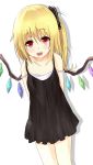  1girl alternate_costume arms_behind_back babydoll blonde_hair flandre_scarlet hair_ribbon highres kudrove looking_at_viewer no_hat open_mouth ribbon short_hair side_ponytail smile solo strap_slip touhou wings 