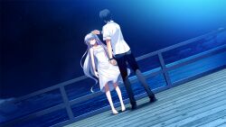  1boy 1girl bare_shoulders barefoot black_hair black_pants black_shoes brother_and_sister closed_eyes clouds dress flinch fumio_(ura_fmo) game_cg grey_hair grisaia_(series) grisaia_no_rakuen hand_up horizon kazami_kazuki kazami_yuuji long_hair looking_at_another mihama_private_academy_school_uniform night night_sky non-web_source ocean outdoors pants railing school_uniform shirt shoes short_hair short_sleeves siblings sky slapping sleeveless sleeveless_dress spoilers standing sundress variant_set very_long_hair watch watch white_dress white_shirt wide_shot wooden_floor 