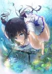  1girl aqua_eyes barefoot black_hair breasts bubble diving dress freediving hair_ribbon highres leaf long_hair looking_at_viewer open_mouth original revision ribbon solo swimming twintails underwater underwear water wet wingheart 