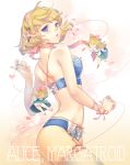  1girl alice_margatroid back blonde_hair blue_bra blue_eyes blue_panties bra breasts choker doll dress esha hairband highres long_hair looking_back minigirl open_mouth panties petals ribbon shanghai_doll short_hair smile string thighhighs touhou underwear underwear_only white_legwear 