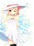  1girl black_legwear blonde_hair blush dress hair_ribbon hat kaoru_(rena12345) looking_at_viewer red_eyes ribbon rumia short_hair smile solo sun_hat sundress thighhighs touhou wink 