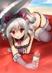  1girl all_fours bikini bottle drill_hair elbow_gloves frills gloves idolmaster idolmaster_cinderella_girls kanzaki_ranko long_hair red_eyes silver_hair swimsuit takahata_yuki thighhighs twin_drills twintails 