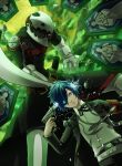  arisato_minato armband blue_eyes blue_hair chain digital_media_player evoker gun gun_to_head headphones highres male persona persona_3 school_uniform short_hair solo sword thanatos weapon yuuki_makoto 