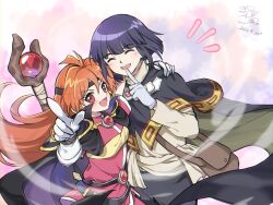  1boy 1girl belt black_belt black_cape black_pants blush cape closed_eyes dated fang finger_to_mouth gem gloves hand_on_another's_shoulder highres lina_inverse long_hair looking_at_viewer notice_lines orange_hair pants pointing red_eyes red_gemstone red_shirt senki_xl shirt short_hair signature slayers smile staff teeth two-sided_cape two-sided_fabric white_gloves xelloss 