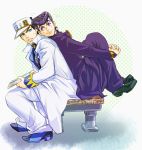  2boys black_hair blue_hair gakuran higashikata_jousuke jojo_no_kimyou_na_bouken ki61 kuujou_joutarou long_coat multiple_boys pompadour purple_hair school_uniform 