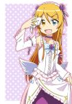  1girl :d cosplay fang gokou_ruri gokou_ruri_(cosplay) hair_ornament hairclip heterochromia kousaka_kirino lolita_fashion long_hair mask open_mouth orange_hair ore_no_imouto_ga_konna_ni_kawaii_wake_ga_nai polka_dot polka_dot_background shirasu_(majormainer) smile 