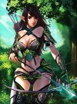  1girl armor arrow bow_(weapon) breasts brown_hair chaosringen cleavage gauntlets large_breasts long_hair midriff navel original red_eyes solo thighhighs tree weapon 