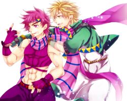  2boys blonde_hair caesar_anthonio_zeppeli facial_mark fingerless_gloves ghost gloves green_eyes headband highres jojo_no_kimyou_na_bouken joseph_joestar_(young) midriff multiple_boys muscle purple_hair scarf terimayo_(sonnne_farbe) violet_eyes 