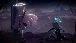  2girls absurdres against_pillar animal_ears beretta_1301 black_jacket black_shoes blue_archive blue_halo blue_scarf blue_shirt city desert dlcl_xv dress_shirt from_side full_body grey_hair gun halo highres hoshino_(blue_archive) jacket long_hair looking_afar looking_at_viewer multiple_girls night night_sky outdoors pink_hair ruins scarf scenery school_uniform shiroko_(blue_archive) shirt shoes shotgun sitting skirt sky sneakers standing very_long_hair weapon white_halo white_skirt wolf_ears 